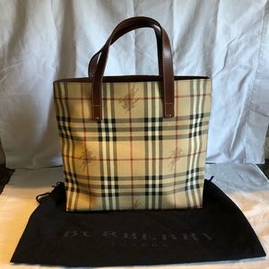 Burberry tan nova horse check medium tote bag.